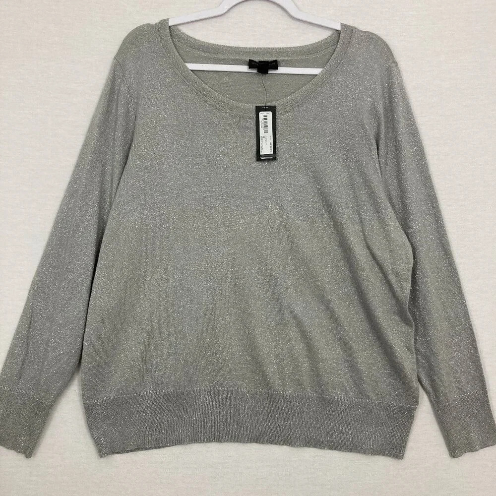 New Worthington Heather Gray V neck Metallic Knit Lightweight Sweater 2X‎